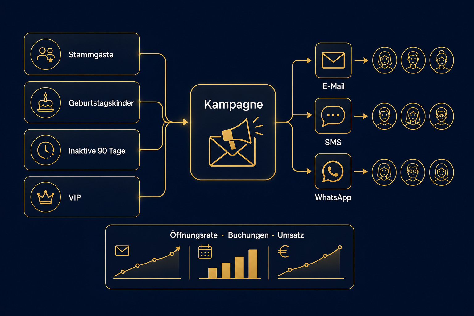 Schaubild: Gästesegmente wie Stammgäste, Geburtstagskinder, inaktive Gäste und VIPs fließen in eine Kampagne und werden über E-Mail, SMS und WhatsApp ausgespielt, gemessen an Öffnungsrate, Buchungen und Umsatz